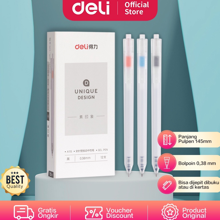 

ART O88Q Deli Gel Pen Pulpen Gel 38mm Tinta Hitam Isi 12 Retracable Desain Unik A115