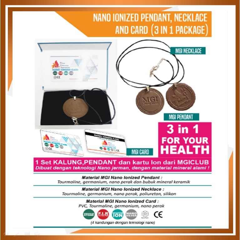Kalung Kesehatan Pendant Mgi 1 Set Free kartu Ion Dibuat dengan teknologi Nano Jerman