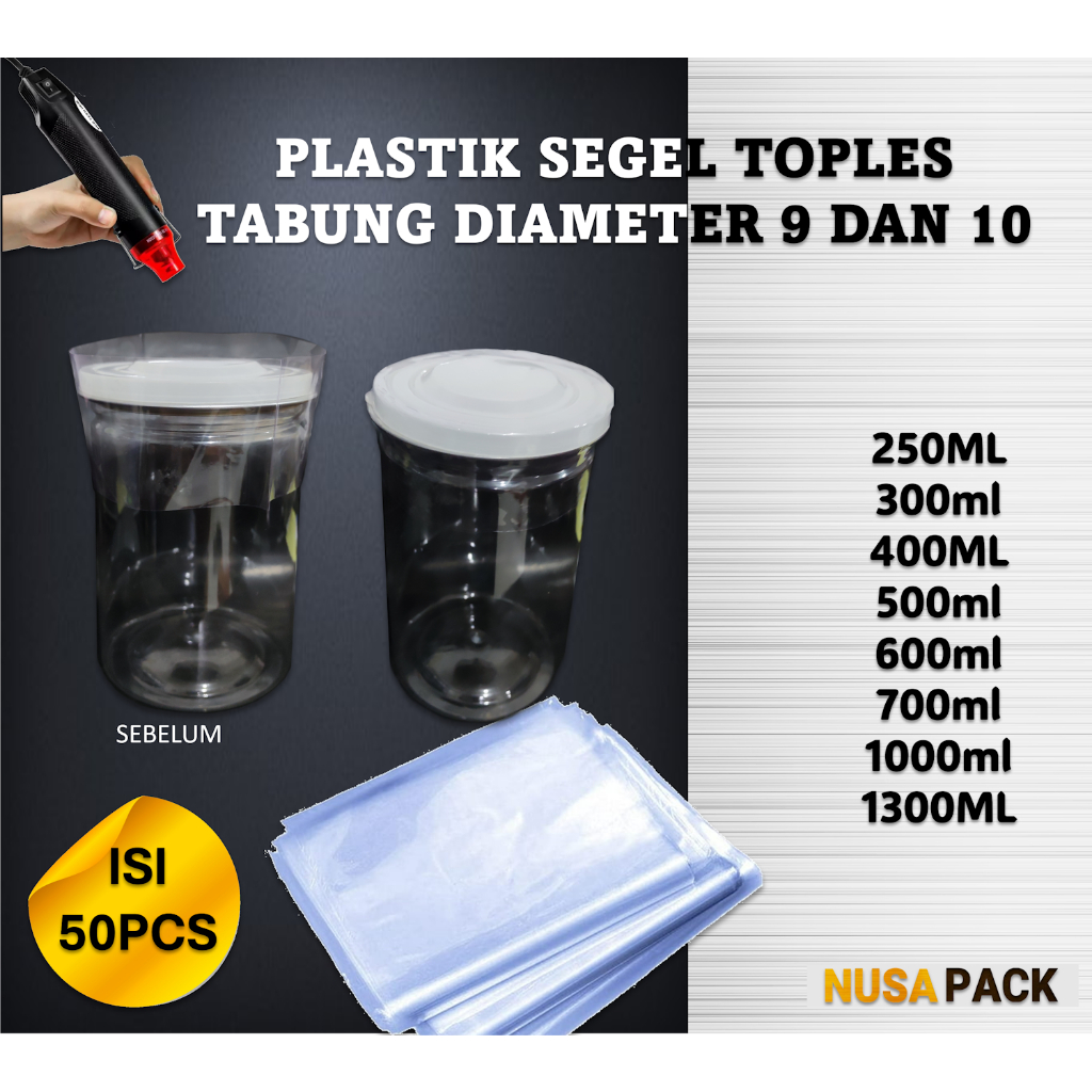 

segel plastik tutup toples tabung diameter 9cm 10cm pvc shrink isi 50 pcs