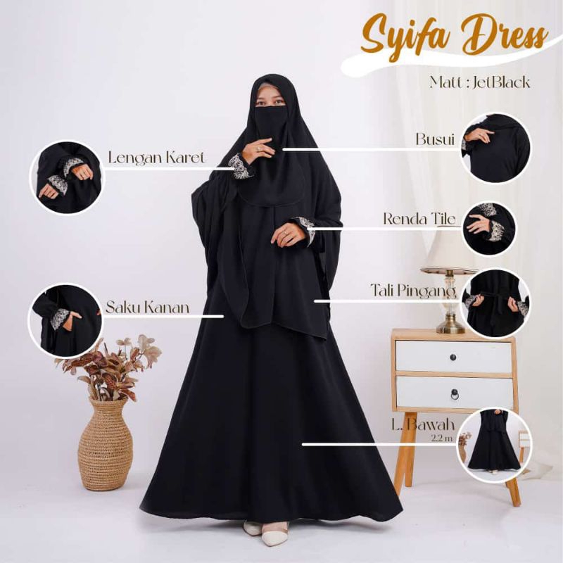 FREE CADAR syifa safa dress Jet black gamis  // elegan // simple // seragam