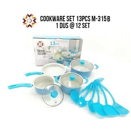 Cookware Set 13Pcs Biru/ Peralatan Masak Panci Set/ Panci Set Wajan Penggorengan Spatula Set Marble/