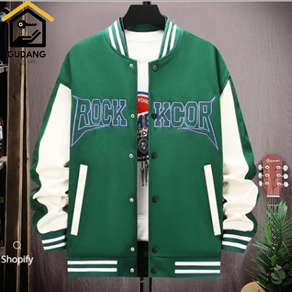 BOMBER VARSITY PRIA OVERSIZE ROCKKCOR HIJAU BOTOL HITAM BENHUR