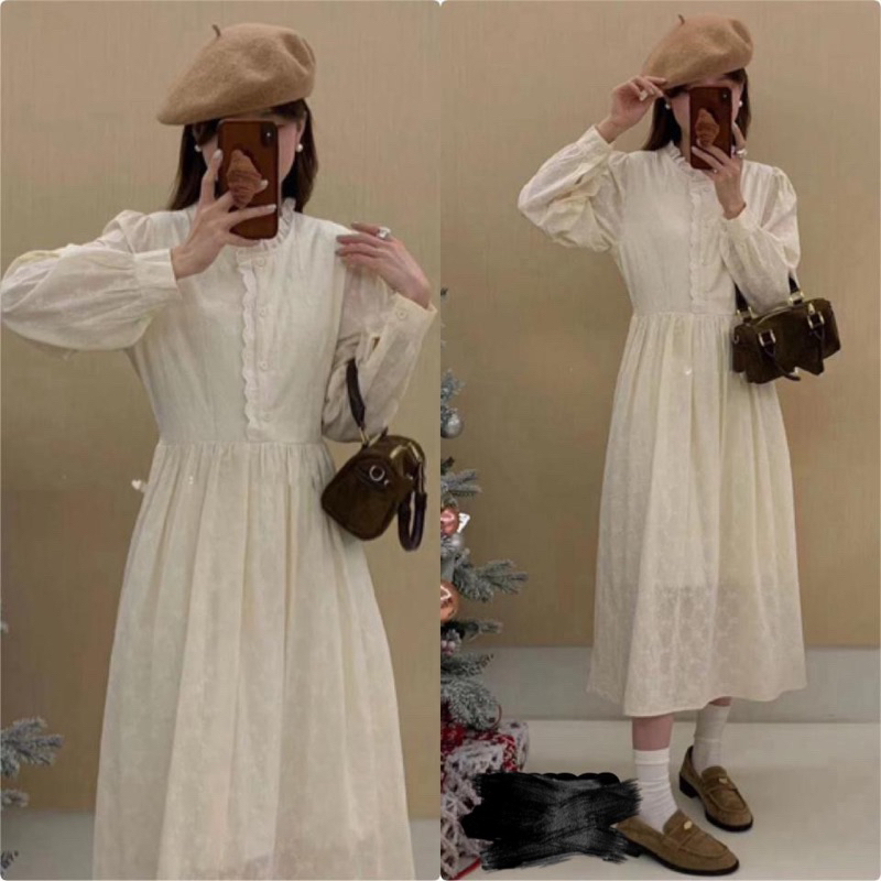 MIDI DRESS LENGAN PANJANG BAHAN KATUN BORDIR IMPORT