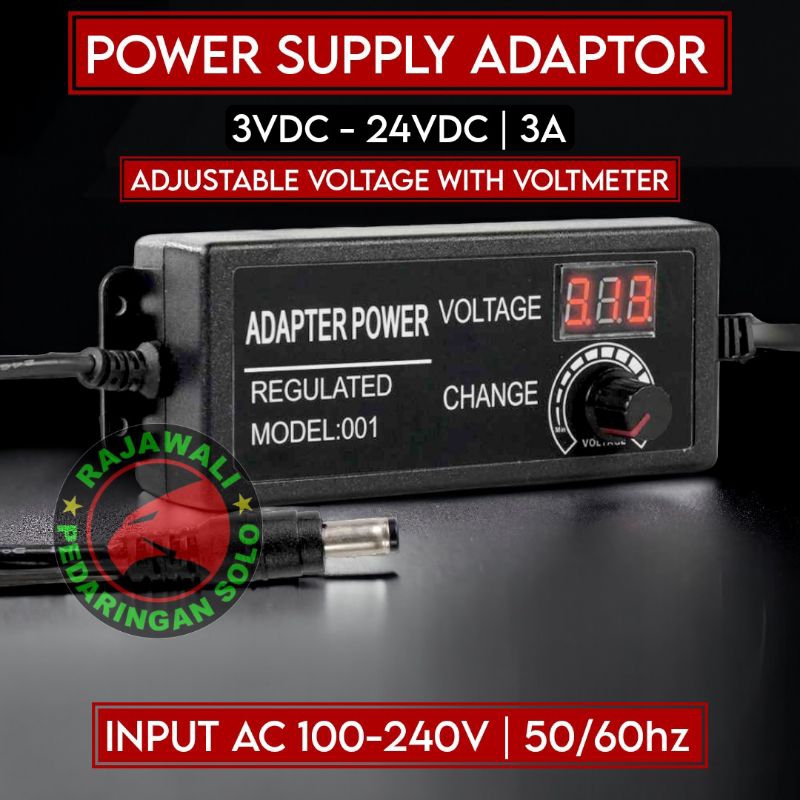 ADAPTOR ADJUSTABLE 3V 5V 12V 24V 3A VOLTMETER ADAPTOR 3V-24V