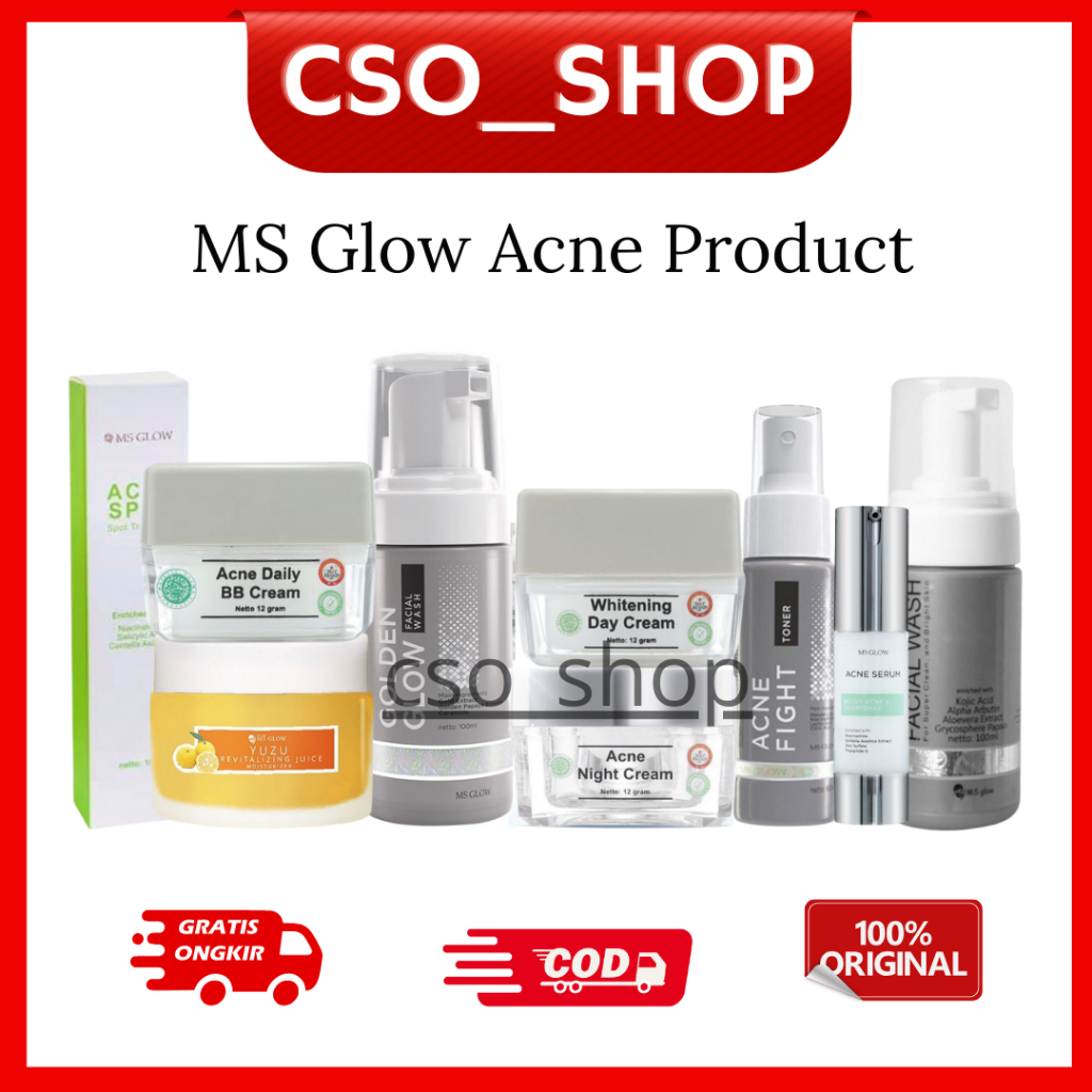 MS GLOW Paket Acne  Series Free Pouch Kosmetik | Ecer | Daily BB Acne | Night Cream | Acne Spot Trea