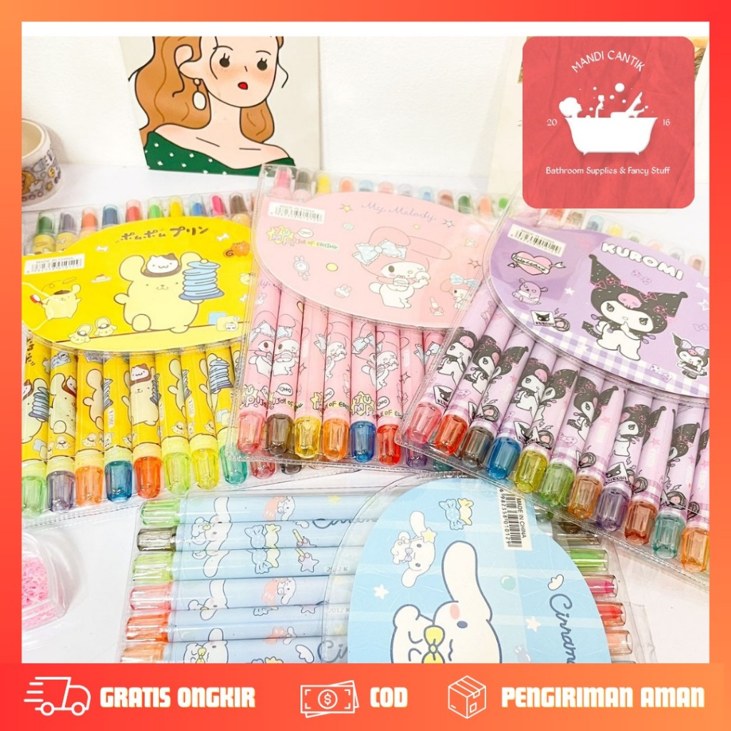 

KRAYON CRAYON TWIST SANRIO ISI 12 PCS KR-1134 KUROMI FRIENDS CINAMORROL KUROMI POMPURIN MELODY HEADBAND LUCU ALA KOREA