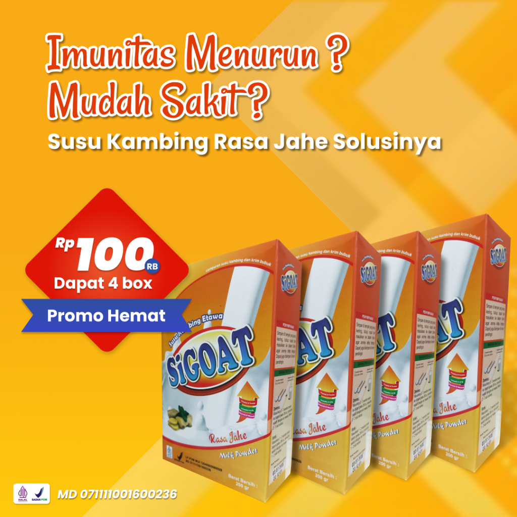 

Paket 4 Box SiGOAT Rasa Jahe, Susu Etawa Bubuk Bantu Cegah Osteoporosis, Perkuat Tulang dan Sendi, Penambah Nafsu Makan, Meredakan Asam Lambung