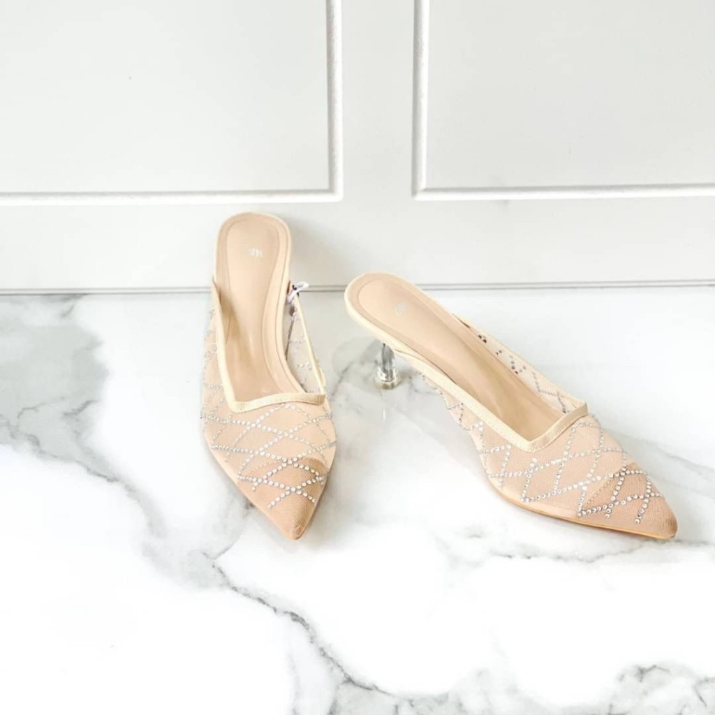 ZR ZARA SEPATU HAK FORMAL PESTA MESH EMBELLISHED POINTED MULES STILETTO HEELS 01092