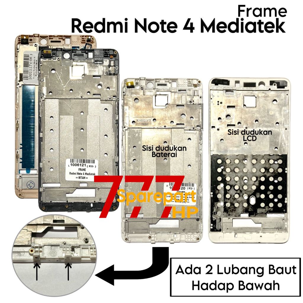 Frame Xiaomi Redmi Note 4 Mediatek MTK Deca Core (ada 2 lubang baut bawah frame dan casing) - Tulang