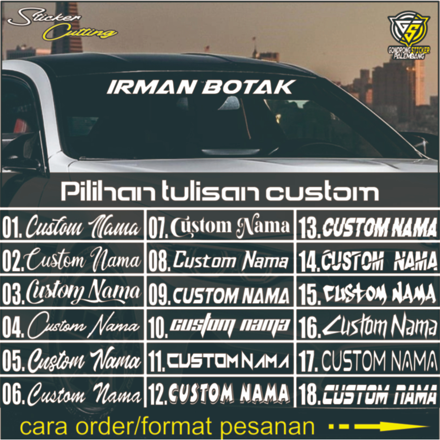 Sticker Cutting Custom Nama Kaca Depan Mobil, Stiker CUSTOM NAMA
