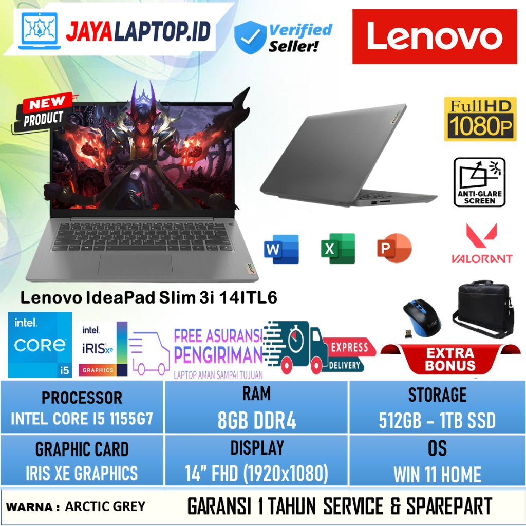 Laptop Murah Baru Lenovo Ideapad Slim 3i 14ITL6 Core i5 1155G7 Ram 16GB 1TB SSD