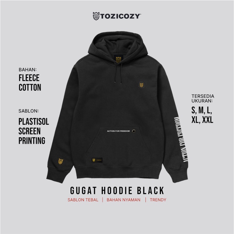 Hoodie Premuim Pria Warna Hitam Bahan Cotton Fleece Sablon Plastisol Size S M L XL XXL ( Hot Tozicoz