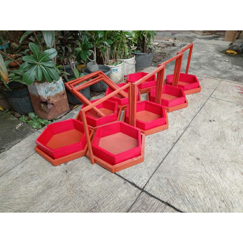 Wooden Hampers Hexagonal Diameter 30x7,5 Wooden Parcel Wooden Box Carier Gift Box Hampers Keranjang 