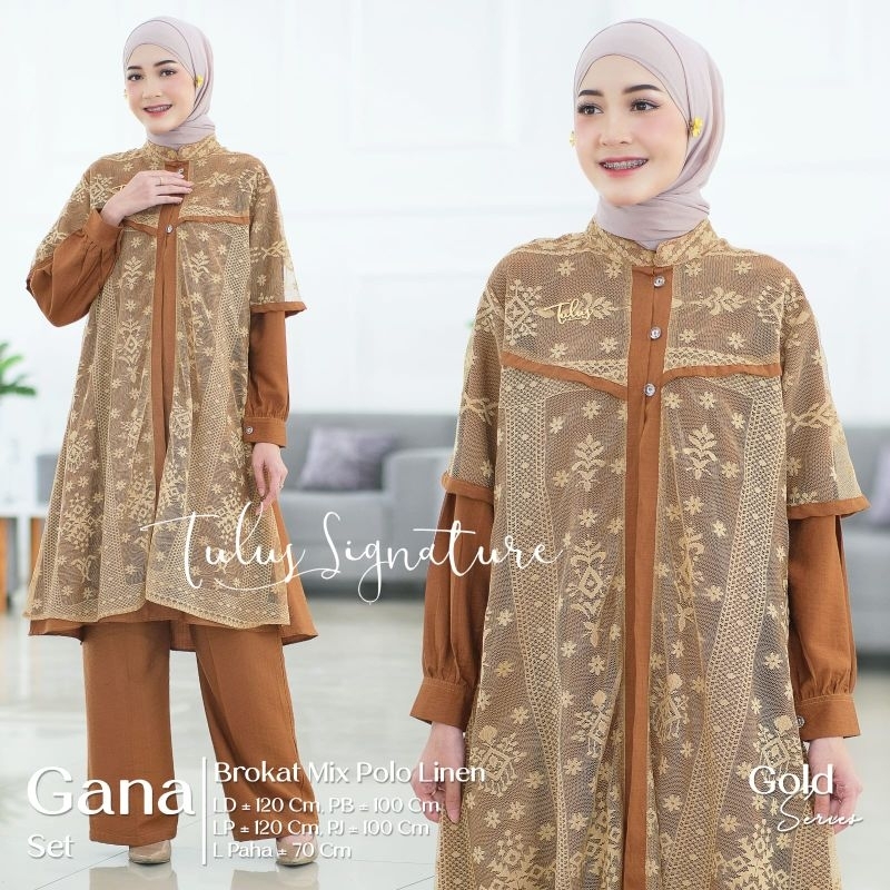Gana Set By Tulus - One Set Jumbo XXL Ld120 Bahan Atasan Brokat Mix Linen Dan Celana Karet Pinggang 