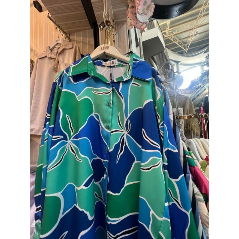 KEMEJA CANTIK SILK WANITA LALUNE ORIGINAL IMPORT BANGKOK | KEMEJA MOTIF SILK PREMIUM TERMURAH BLUE F