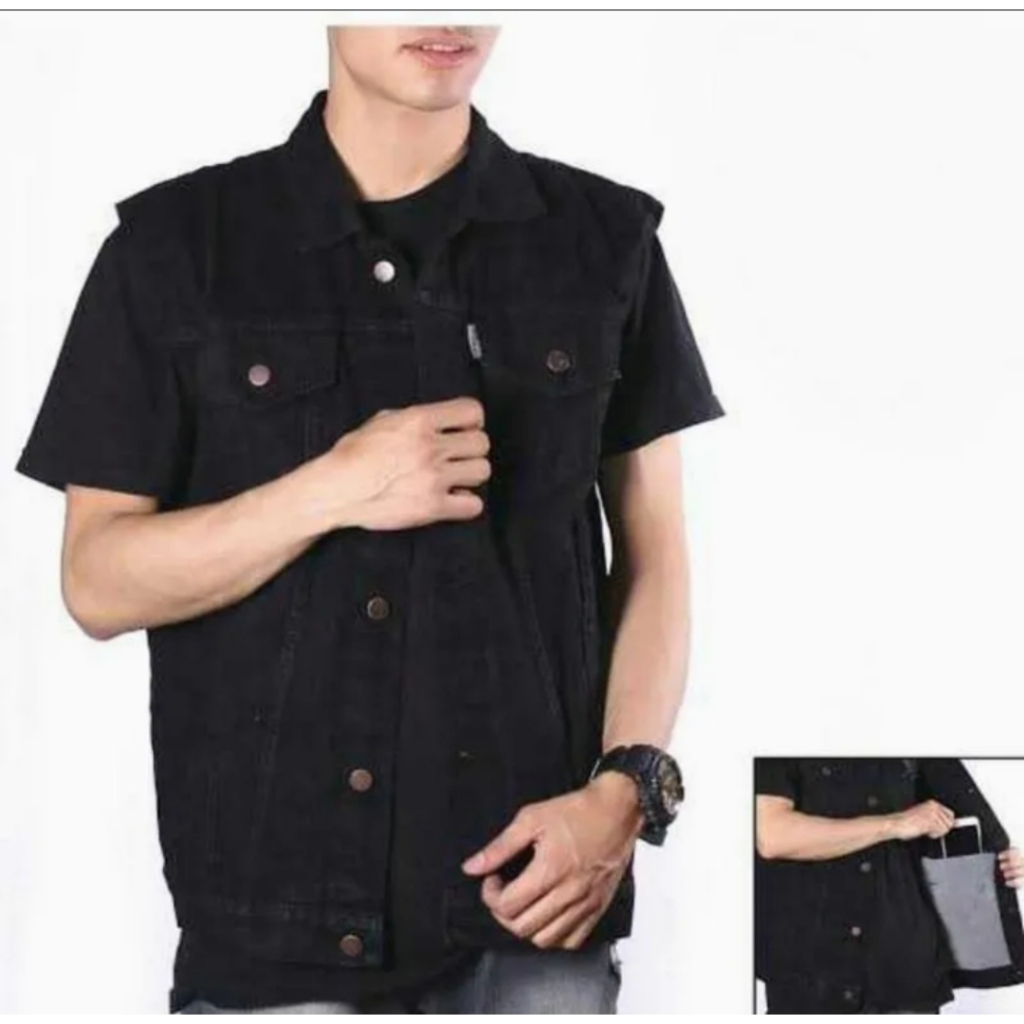 TH Jaket Rompi Jeans Pria Jaket Vest Motor Santai Kekinian Cloting Distro Rompi Pria Warna Hitam