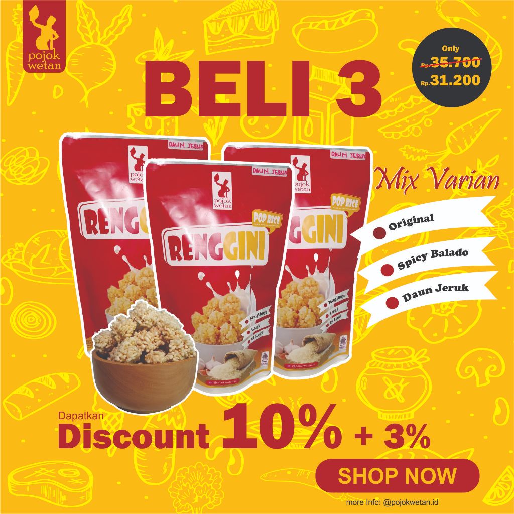 

Pojok Wetan | Rengginang Mini / Pop Rice / Beli 3 (Original, Balado, Daun Jeruk) Discount 10% + 3%