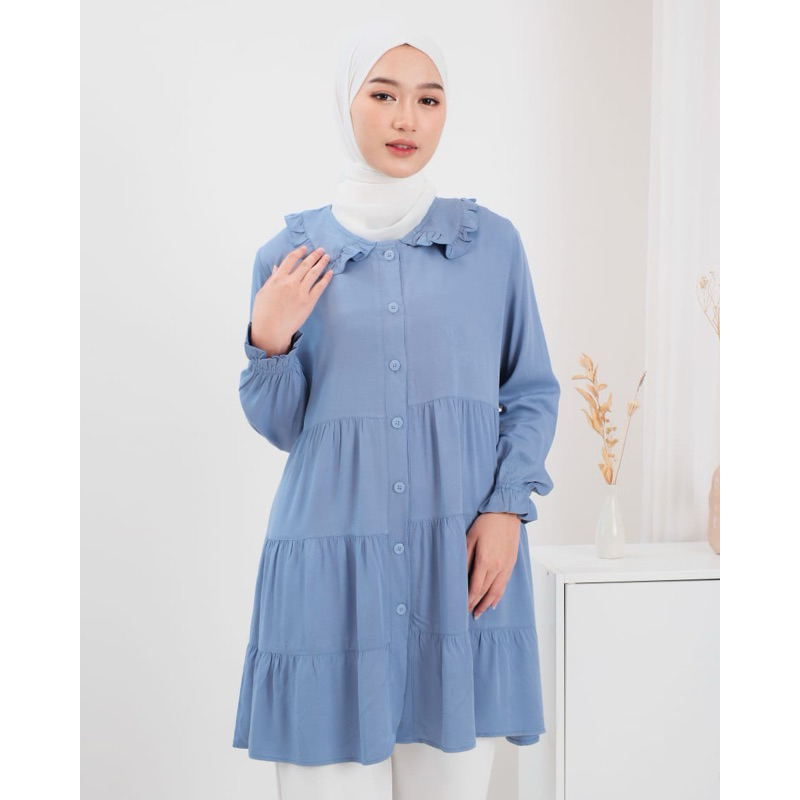 Tunik Susun Rayon Twill Polos Kerah Ruffle