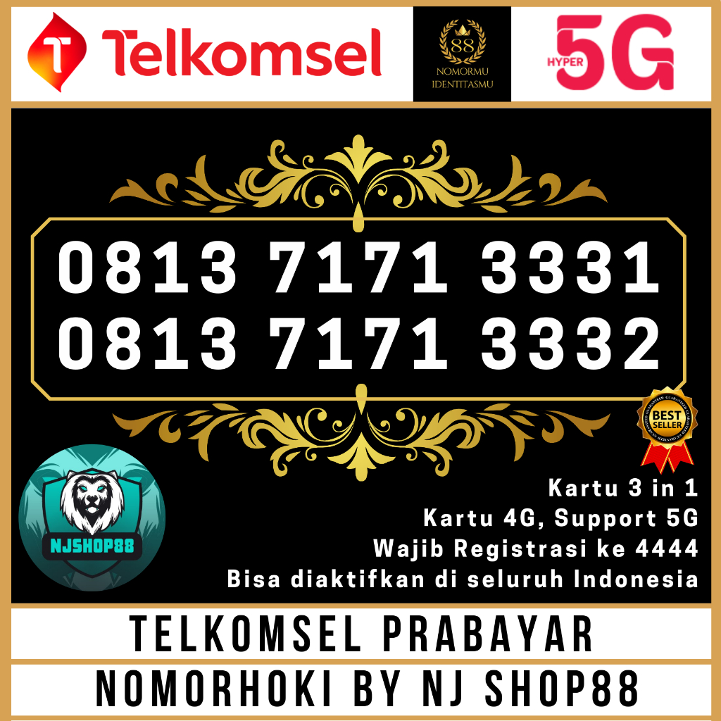 NOMOR CANTIK TELKOMSEL KARTU PERDANA TELKOMSEL PRABAYAR SIMPATI 4G/5G 0813 7171 3331 & 0813 7171 333