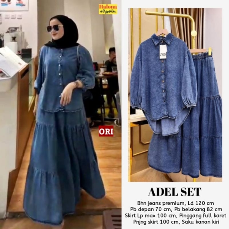 Adel One Set Setelan Rok Blouse Jeans Ld 120 Jumbo Fit XXXL BY Hallona