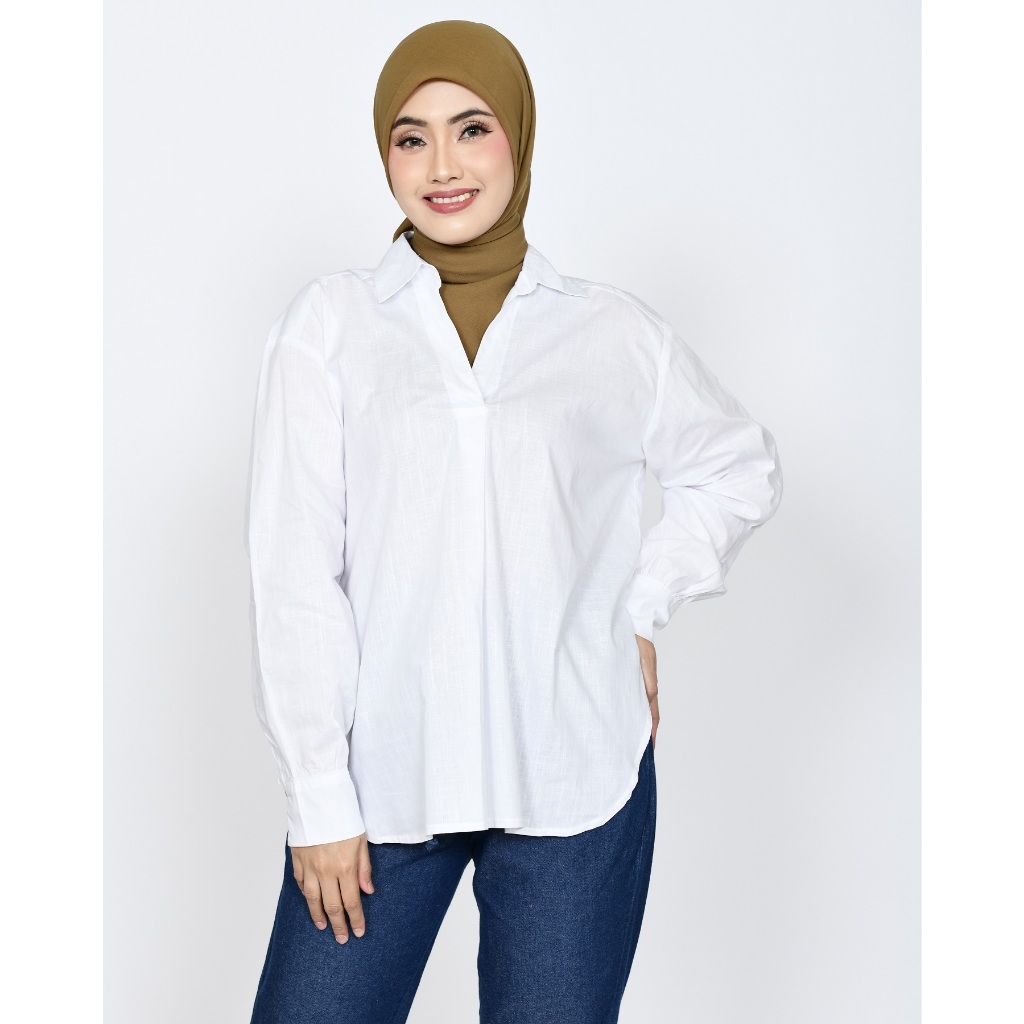 Kemeja Kerja Katun Linen Wanita Putih Fit XL LEZAHRASIGNATURE Kemeja Cotton Zahra