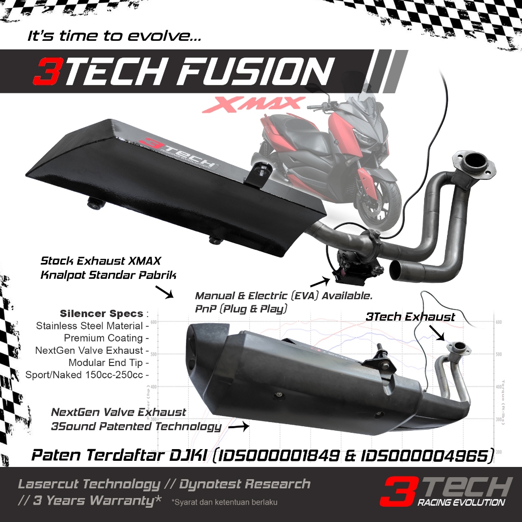 Knalpot 3 Suara 3Tech Fushion Khusus Yamaha XMAX 250 Fullsystem Bergaransi Original