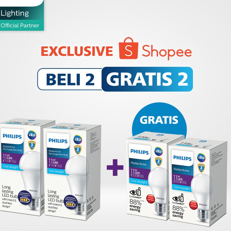 Terlaku Philips Paket Lampu Rechargeable Bohlam LED 11W Gratis 2 Lampu