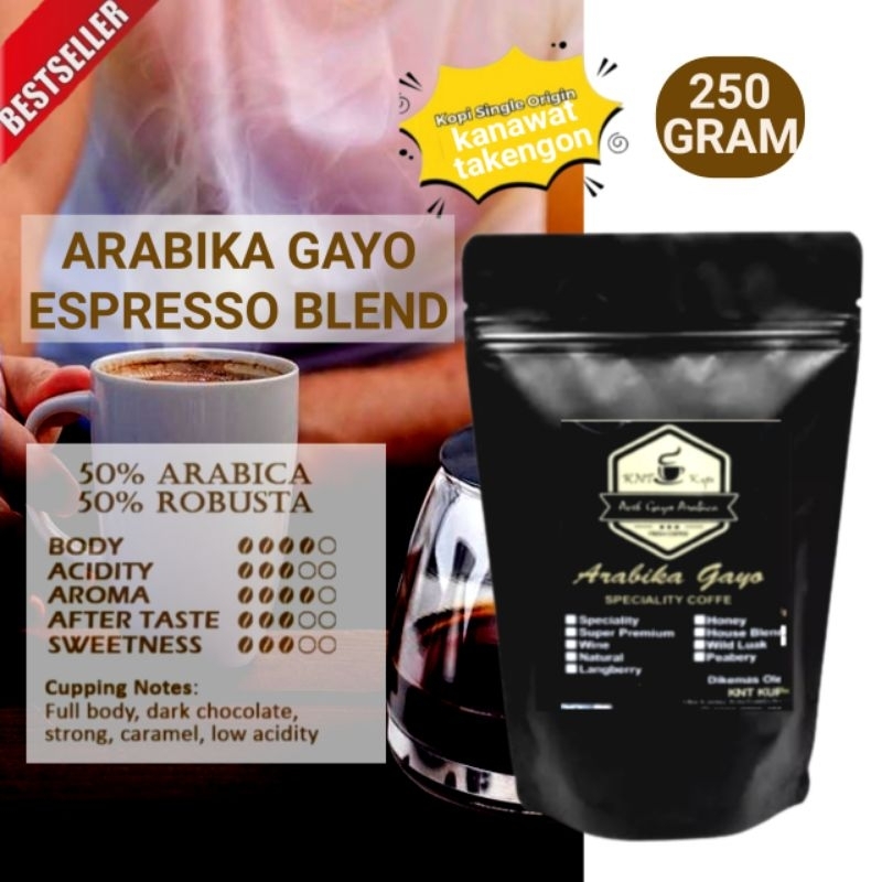 KOPI ARABIKA ACEH GAYO ESPRESSO BLEND ARABICA 250 gram KOPI ACEH BUBUK HALUS MURNI ASLI ORIGINAL.