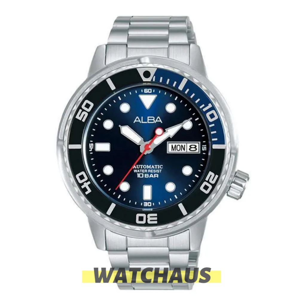 JAM TANGAN PRIA ALBA ACTIVE AL4245 AL4245X AL4245X1 ANALOG AUTOMATIC SILVER BLUE STAINLESS STRAP