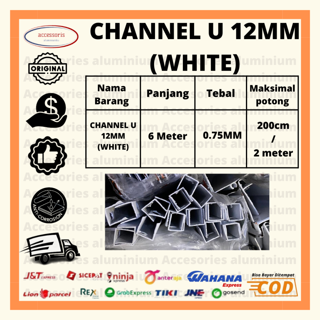 CHANNEL U 12MM / LIS U ALUMINIUM / PANJANG 6 METER