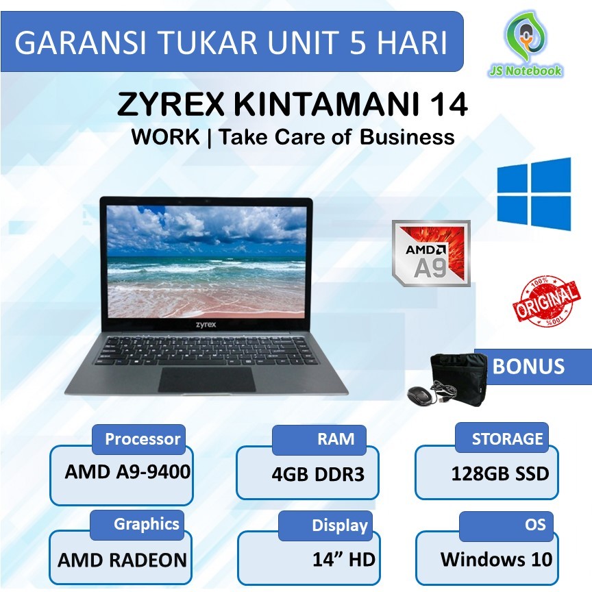 Laptop Zyrex Kintamani 14 AMD A9-9400 4GB 128SSD Win10