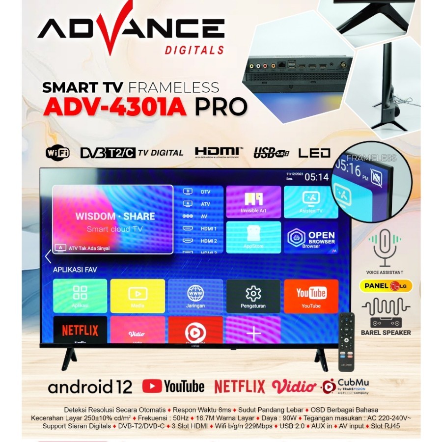 SMART TV LED 43 Inch ADVANCE Frameless ADV-4301A