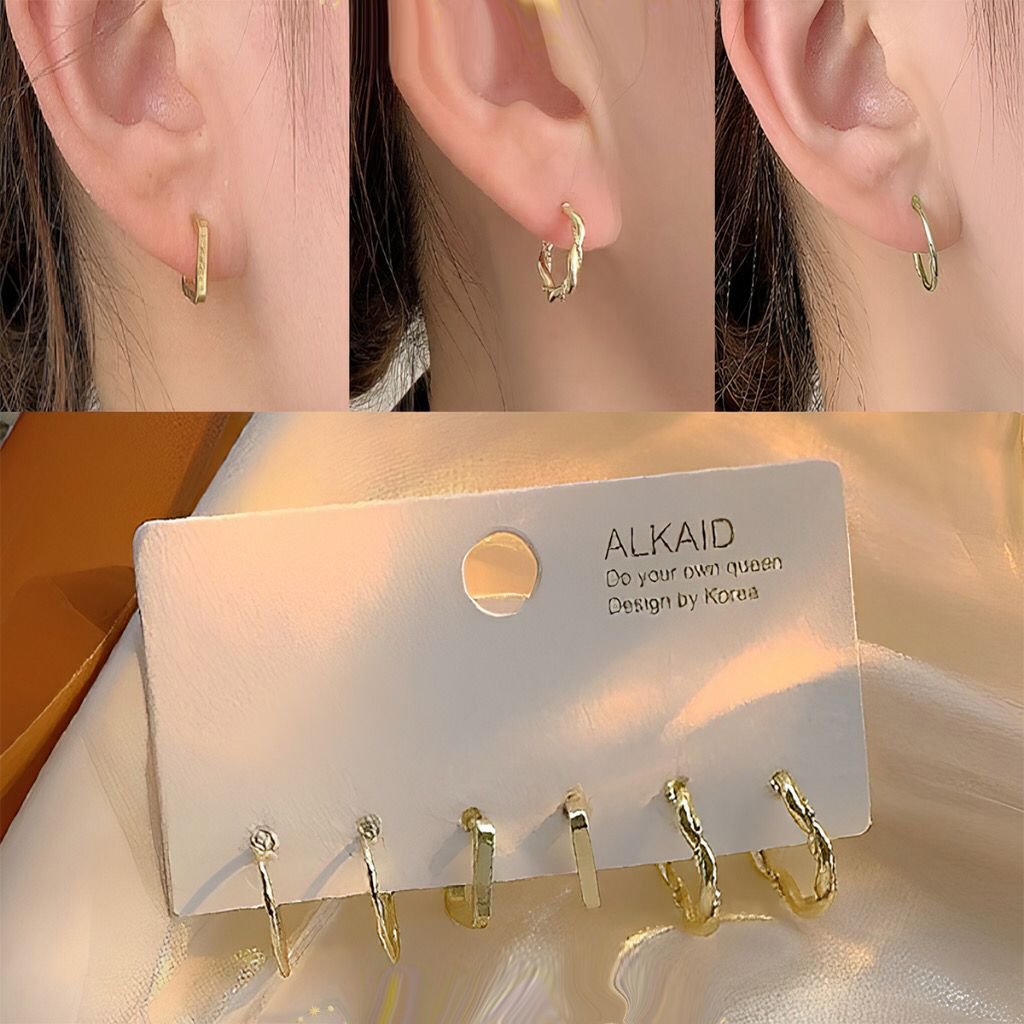 3 Pasang Anting Tindik Mini Anting Bulat Anting Segiempat Kecil AT635