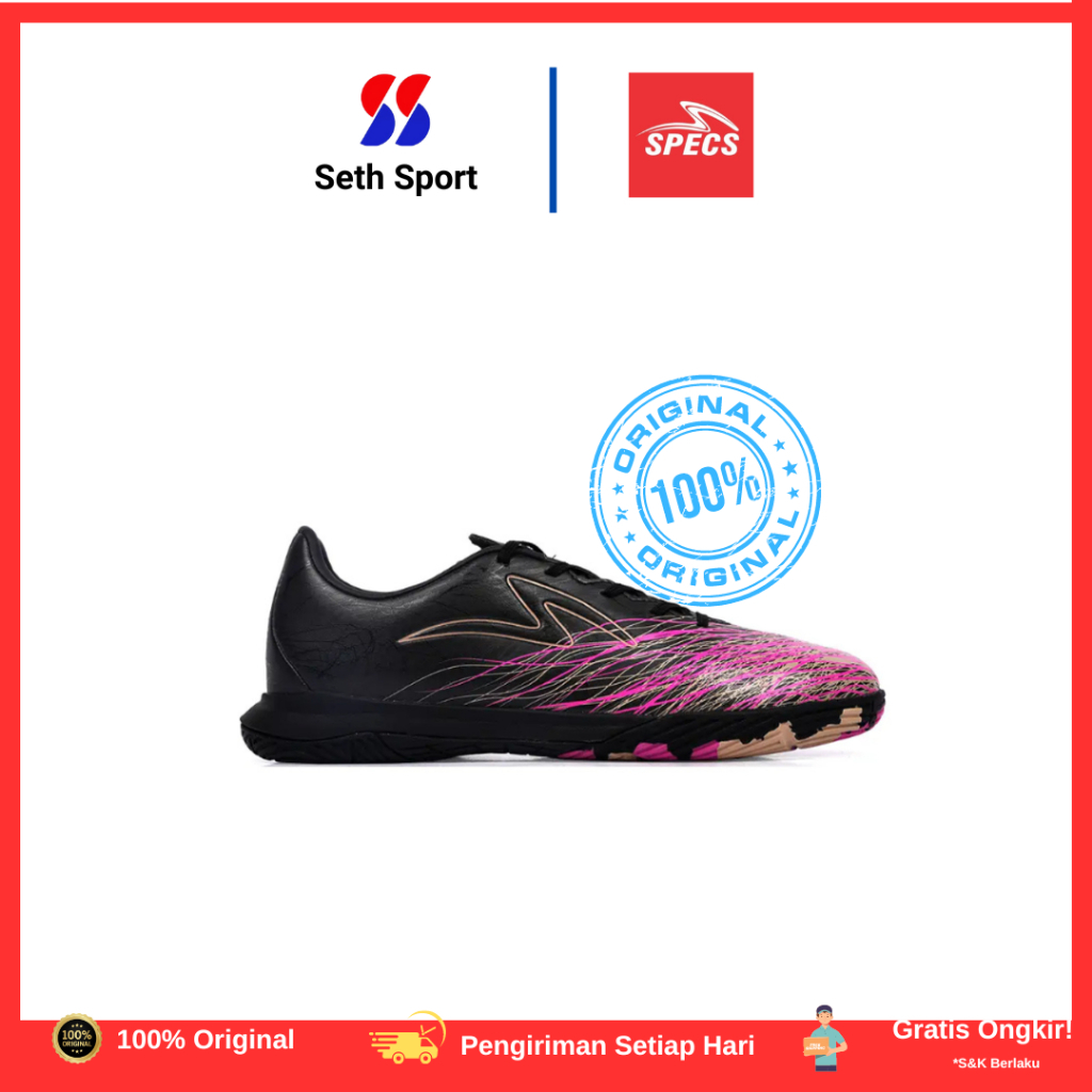 Sepatu Futsal Specs Acc Alpha Nerve Pro IN Original-Neutral Black/Frosted Almond/Shocking Pink