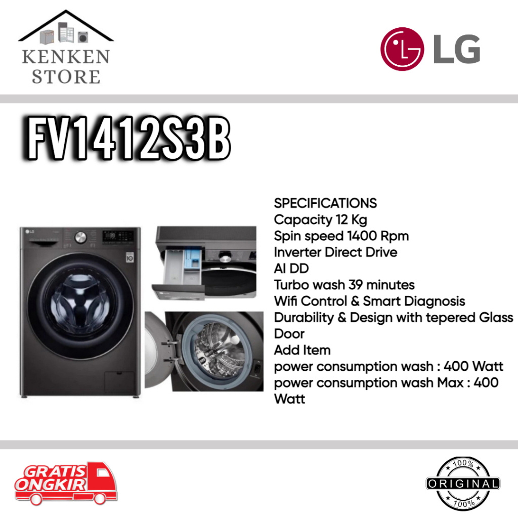 MESIN CUCI LG FRONT LOADING FV1412S3B 12KG HITAM