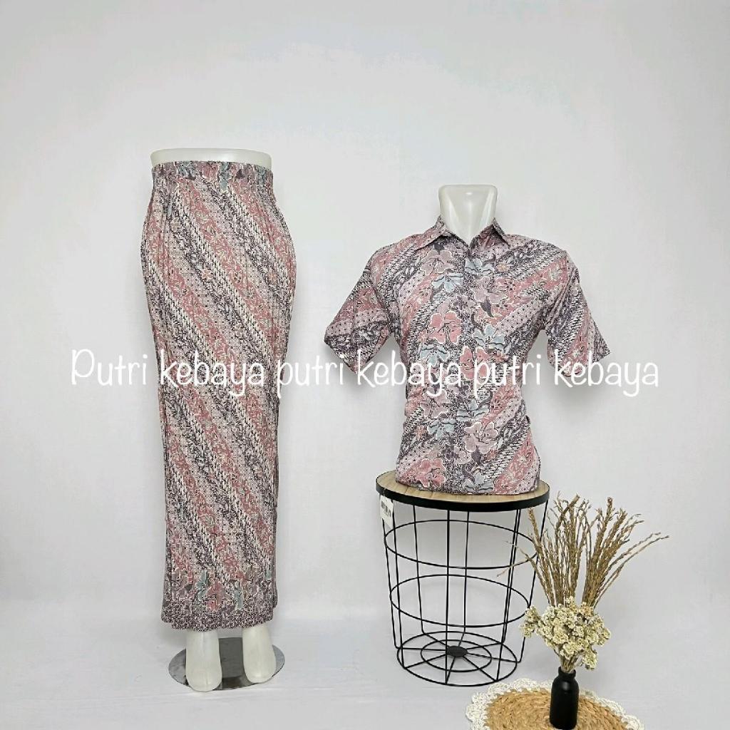 BAJU BATIK COUPLE ROK PLISKET DAN KEMEJA LENGAN PENDEK ROK PLIKET JUMBO COUPLE BATIK MODEREN WISUDA 