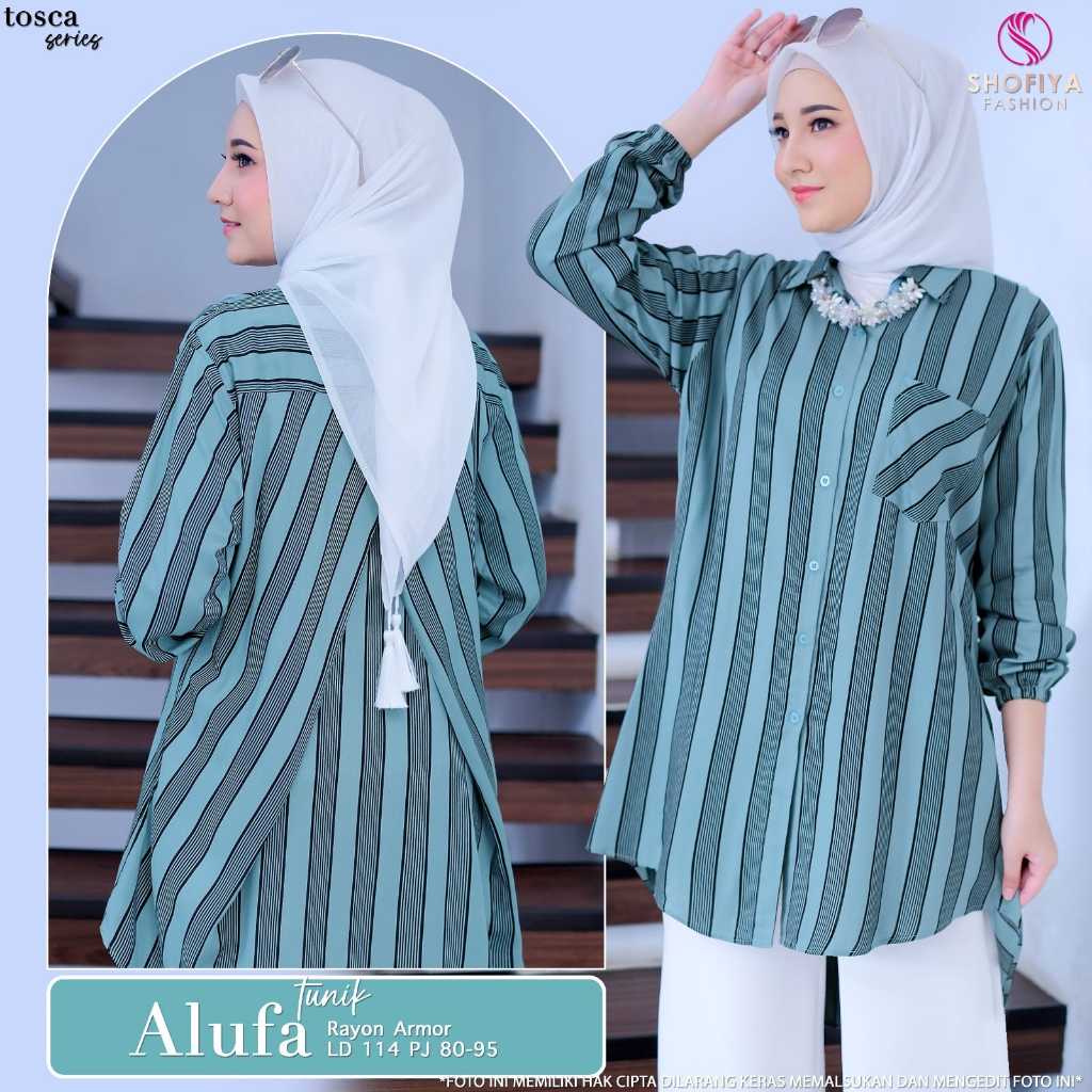 alufa tunik baju atasan kemeja busana jumbo big size ld 114 bahan katun rayon motif salur garis stri