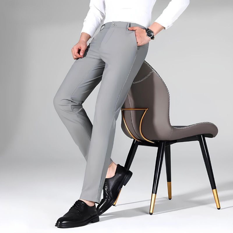 MALLVOSE - Celana Panjang Pria Formal Kain Abu Muda Slim Fit