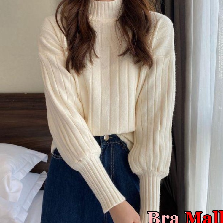 Dijamin Ekonomis   Bra Mall BJ74 Baju Rajut Wanita Korean Style Blouse Turtleneck Lengan Balon Halus