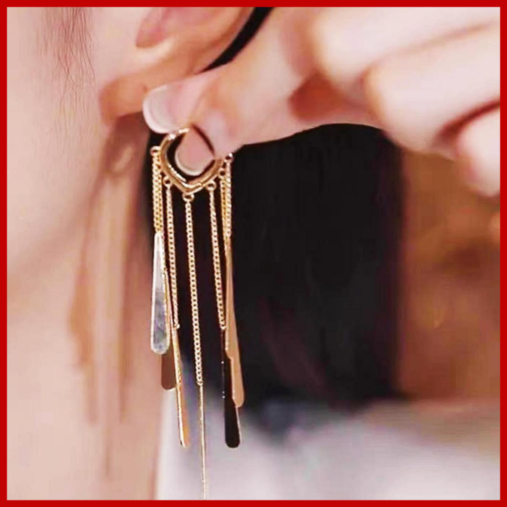 AT60 -- Anting Clara Sandrina juntai panjang gold rumbai clip korea simple elegan titanium steel