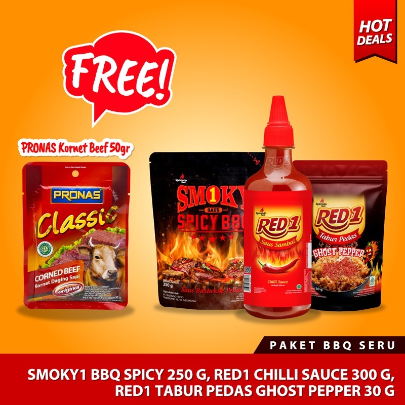 Paket BBQ Seru [SMOKY1 Spicy BBQ 250 gr (1), RED1 Saus Sambal 300 ml (1) & RED1 Tabur Pedas Ghost Pe