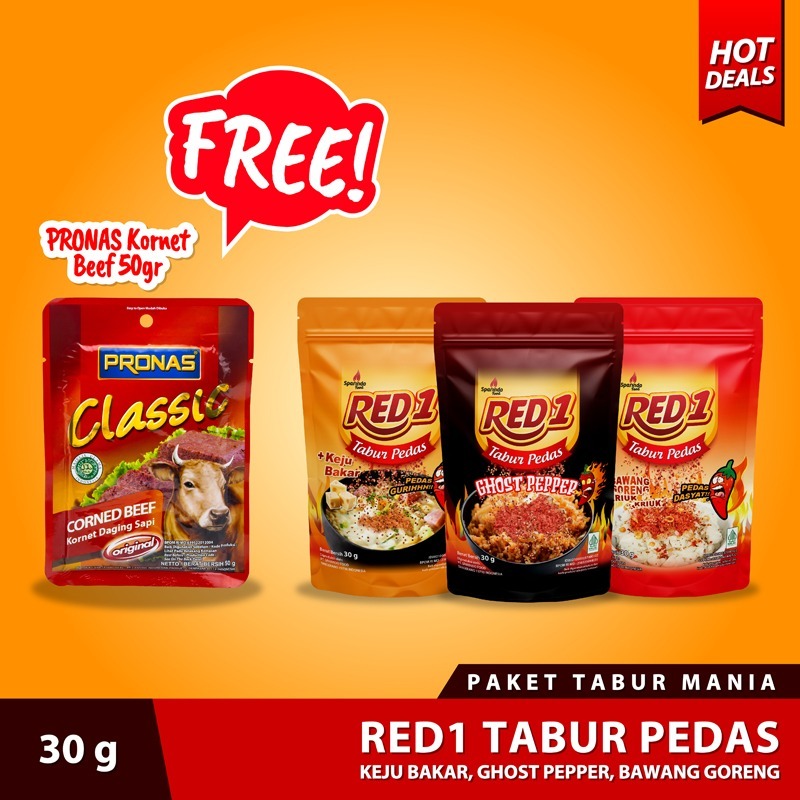 Paket Tabur Mania [RED1 Tabur Pedas Bawang Goreng (1), Keju Bakar (1) & Ghost Pepper (1) - 30 gr] - 