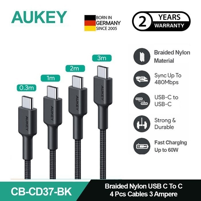 AUKEY Kabel Charger ( 4pcs ) USB-C To USB-C Braided Nylon 3A CB-CD37