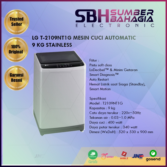 LG T-2109NT1G MESIN CUCI AUTOMATIC 9 KG STAINLESS (NEW)(KHUSUS BANDUNG)