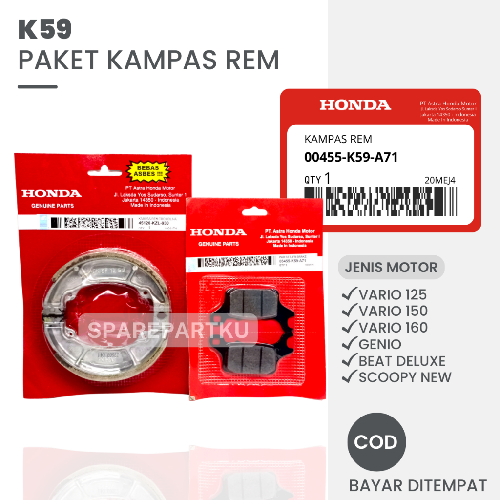 K59 PAKET KAMPAS REM DEPAN BELAKANG VARIO 150 LED CBS / HONDA GENIO / BEAT DELUXE / SCOOPY NEW K2F /