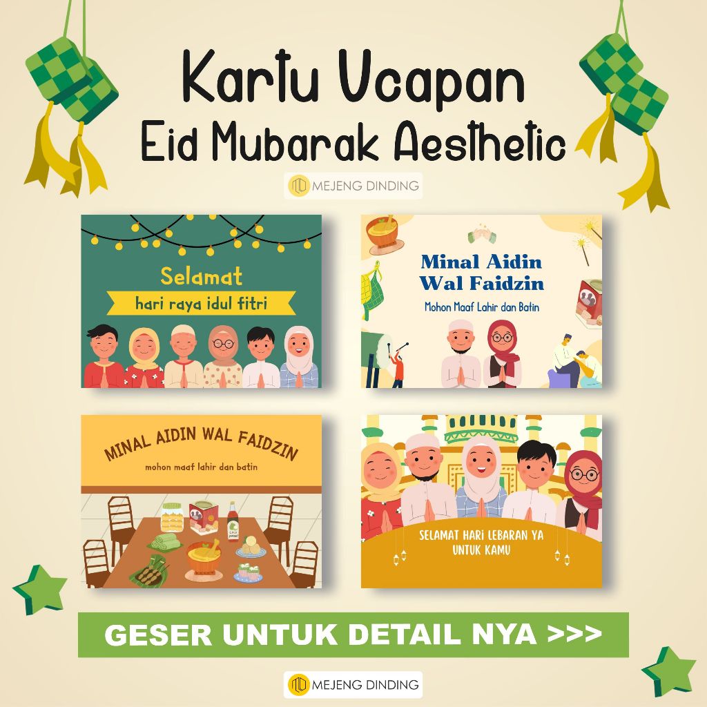 ( 9 PCS ) KARTU UCAPAN LEBARAN IDUL FITRI / KARTU UCAPAN LUCU KARAKTER FLAT DESIGN /  KARTU UCAPAN E