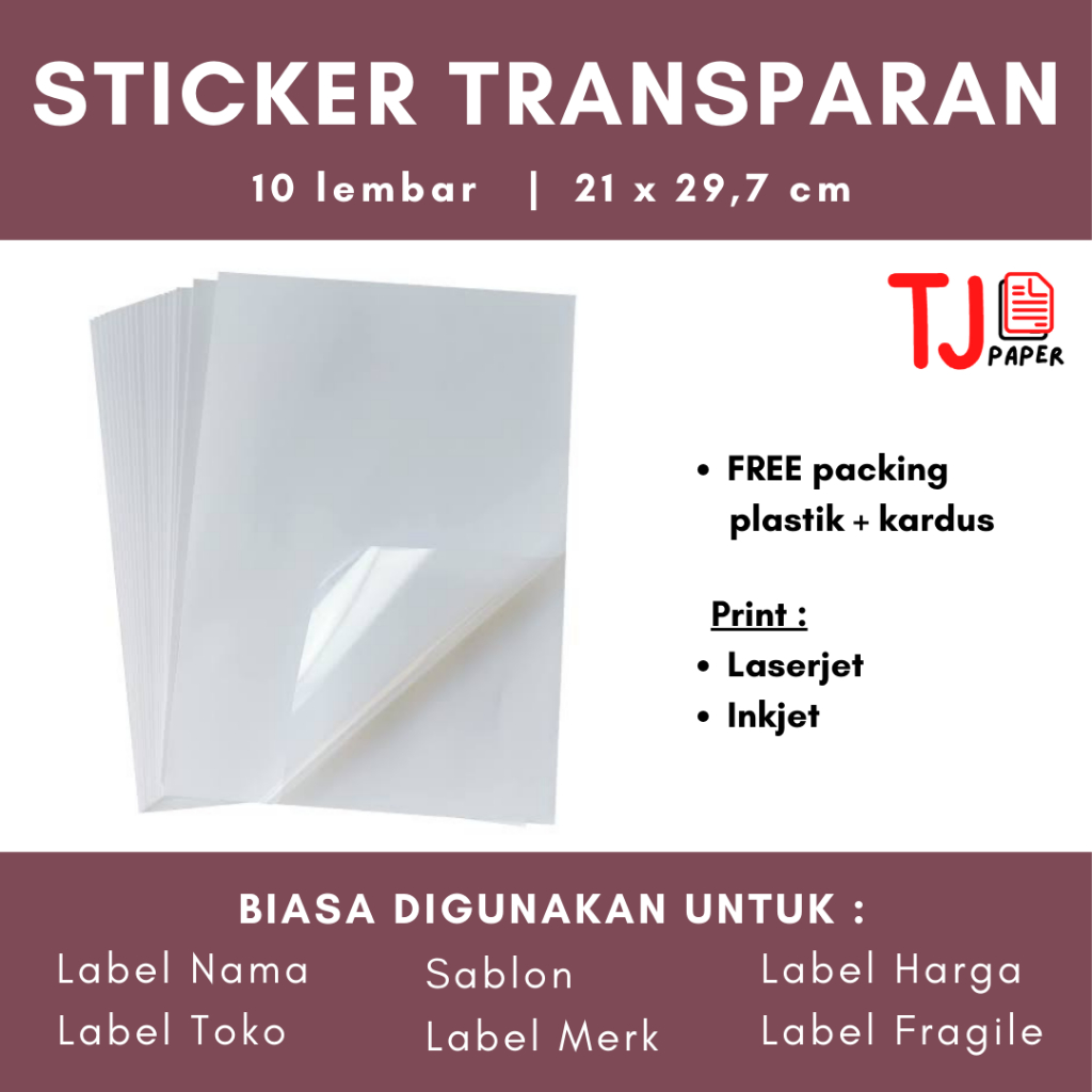 

(10 lembar) Sticker Transparan Vinyl - A4 - Inkjet