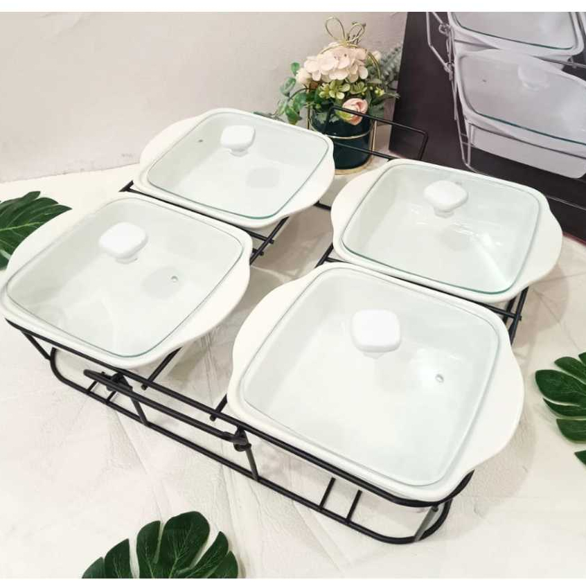 Prasmanan Mangkok Saji Segi Set 4 Tutup Kaca Rak Hitam Basi Segi Set 4 Pcs Keramik Porselen Homeline