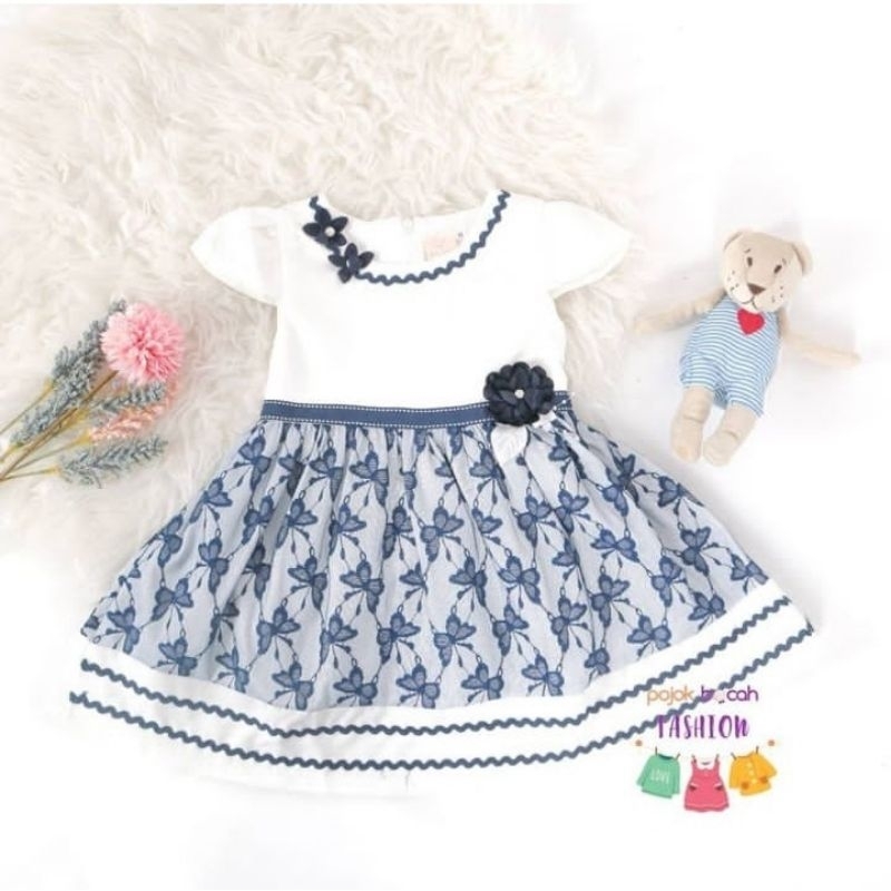 BAJU PAKAIAN FASHION ANAK BALITA PEREMPUAN DRESS PUTIH NAVY DONGKER PITA BUNGA TILE KUPU-KUPU RESLET
