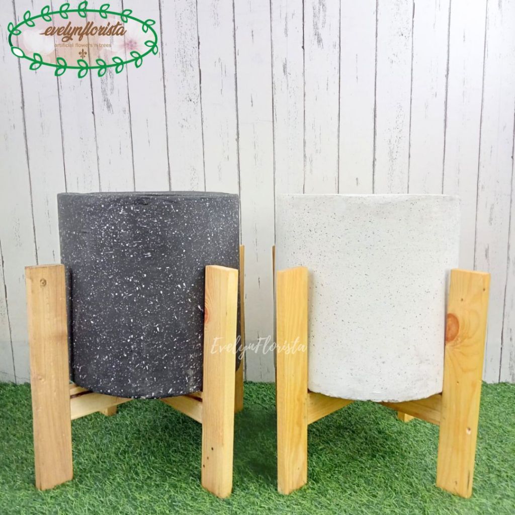 Standing Kayu Kaki 4 + Pot Semen Variasi Warna HItam & Putih Hiasan Apartement Aesthetic